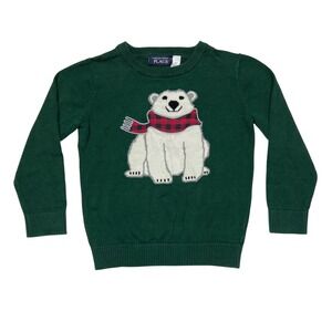 The Childrens Place Toddler Boy Polar Bear Sweater Green Size 5T 100% Cotton EUC